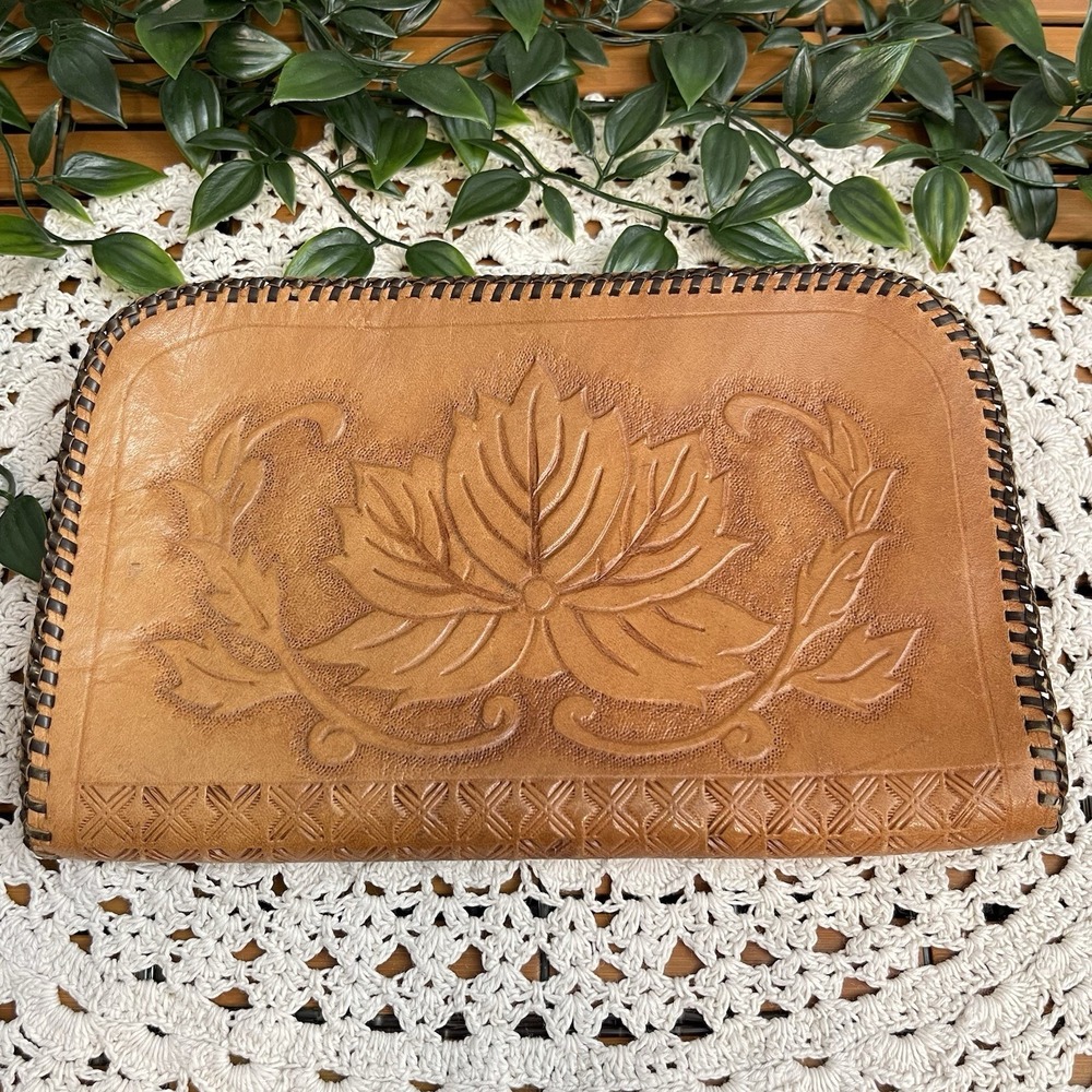 Vintage Hand Tooled Leather Clutch Wallet 1960s Maple Leaf Boho Whipstitch Brass